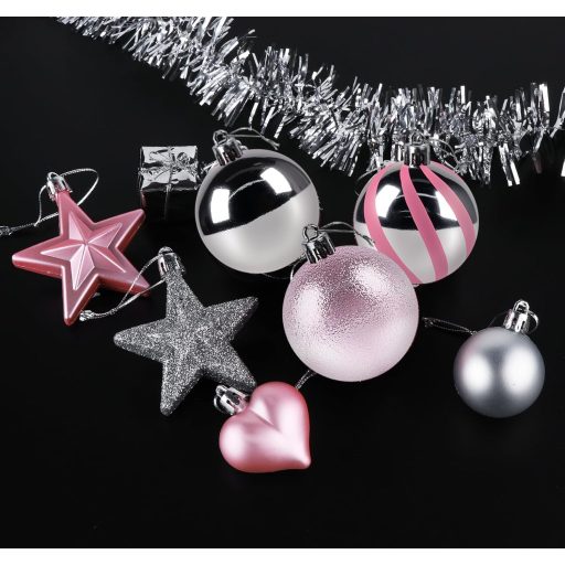 Agoer 60 darabos rózsaszín karácsonyi gömb szett, csillogó műanyag dekoráció