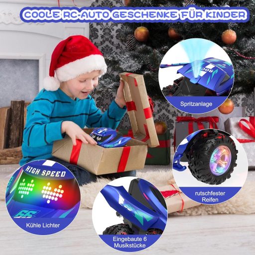 ITEFDTUTNE RC auto s funkcijom prskanja, LED svjetlom i glazbom, rotacija 360° i drift, plavi