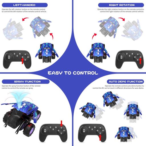 Mașină RC ITEFDTUTNE cu funcție spray, lumini LED și muzică, rotire 360° și drift, albastră