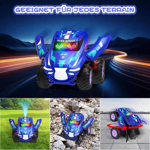 Mașină RC ITEFDTUTNE cu funcție spray, lumini LED și muzică, rotire 360° și drift, albastră