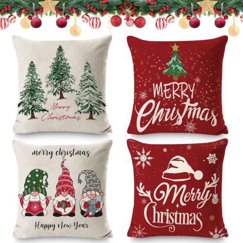 Set decorativ de fețe de pernă de Crăciun 4 buc - Moș Crăciun, ren, model fulg de zăpadă, husă pernă decorativă din in, 45 x 45 cm, lavabilă la mașină