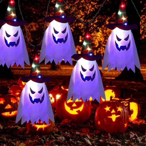 Sunshine smile Decor de Halloween pentru exterior - Set de 5 fantome suspendate luminoase - Pălărie de vrăjitoare și decorațiuni cu fantome pentru grădină, copac, petrecere - Re...