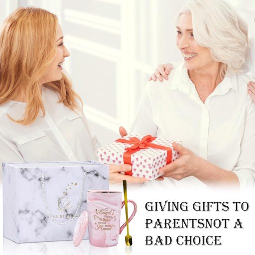 MILIAFLICK Elegáns Kerámia Bögre Anyáknak - Rózsaszín Kávéscsésze Fedővel és Arany Keverőkanállal - Ajándék Anyák Napjára, Születésnapra, Ka