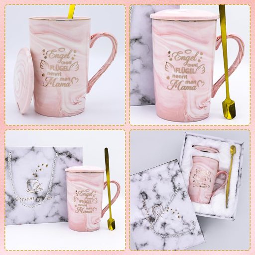 MILIAFLICK Cană Elegantă Ceramică pentru Mame - Ceașcă de Cafea Roz cu Capac și Linguriță Aurie - Cadou pentru Ziua Mamei, Zi de Naștere, Ca