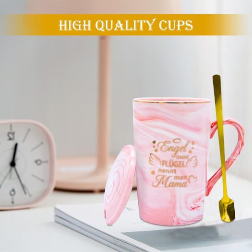 MILIAFLICK Cană Elegantă Ceramică pentru Mame - Ceașcă de Cafea Roz cu Capac și Linguriță Aurie - Cadou pentru Ziua Mamei, Zi de Naștere, Ca