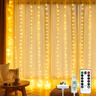   btfarm LED svjetlosna zavjesa 3x3m, 300 LED toplo bijela - daljinski upravljač, 8 načina osvjetljenja, timer, USB, vodootporna - spavaća soba, dnevni boravak, zabava, Božić