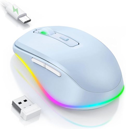 Seenda Vezeték Nélküli LED Egér, Újratölthető Jiggler Funkcióval, Csendes 2.4G USB Egér Laptophoz, 2000 DPI, Világoskék