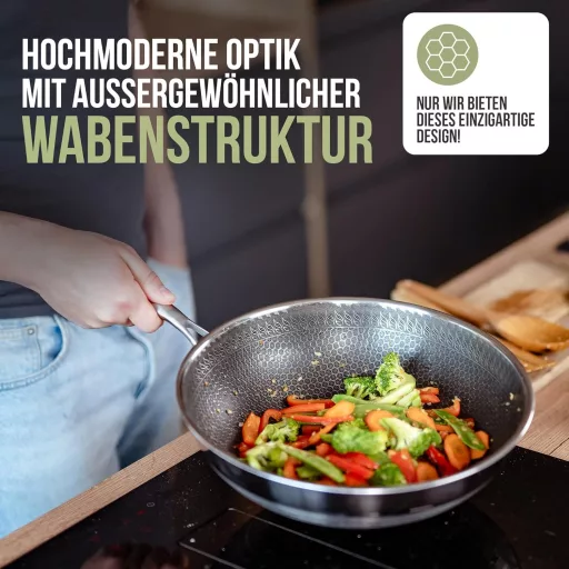 CioMond 28 cm indukciós wok serpenyő rozsdamentes acél méhsejt bevonattal