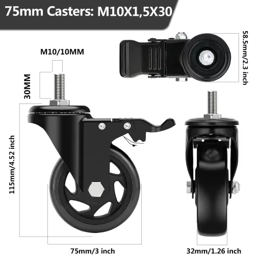 RRIUTO Bútor Görgő Fékkel - 75 mm Forgó Kerekek M10x30 mm Csavarral, 360° Forgás, Dupla Csapágy, 4 db Teherbíró Kerék Bútorokhoz, 400 kg Teh