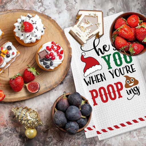 Homythe Prosoape de bucătărie amuzante de Crăciun, 2 buc. Ștergătoare albe, 60x40 cm, Super Absorbante, Decorațiuni de bucătărie, Potrivite și pentru baie, Cadou festiv amuzant