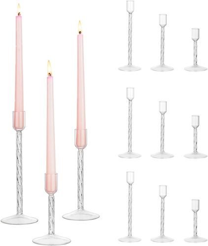 Set de Sfeșnice Hewory din Sticlă - 12 buc. Sfeșnice Înguste Transparente pentru Decor Nuntă, Ornament Vintage de Masă pentru Living, Sărbători de Crăciun