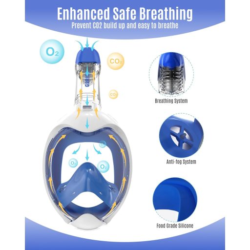 G2RISE Gyermek Búvármaszk - Teljes Arc Fedésű Snorkel Maszk, Páramentes, Száraz Tetejű, Biztonságos CO2 Elvezetés, Kék-Fehér és Rózsaszín Sz
