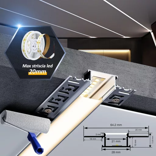 LASLUX Alumínium LED profil U-alakú 2m, diffúzorral és végzáróval, beépíthető