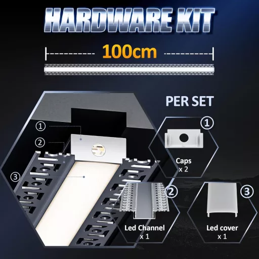 LASLUX Alumínium LED profil U-alakú 2m, diffúzorral és végzáróval, beépíthető