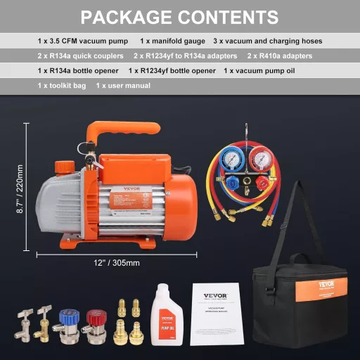 VEVOR 100L/min Výveva A2L Protipožiarne 150W 220V/50Hz Sada pre klimatizácie s Manometrom pre Klimatizačné a Automobilové Chladiace Systémy