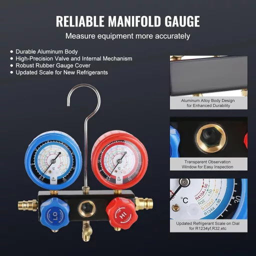 VEVOR 100L/min Vákuumszivattyú A2L Robbanásbiztos 150W 220V/50Hz Klímaszerelő Készlet Nyomásmérővel Légkondicionáló és Autóhűtő Rendszerekhe