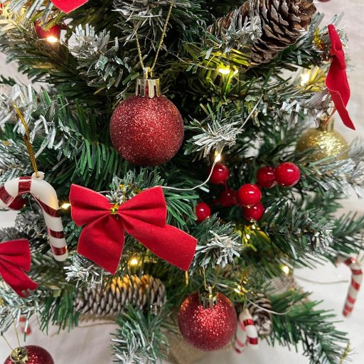 Brad de Crăciun de masă Bseical de 60 cm cu iluminare LED, decorațiuni și vârf de brad