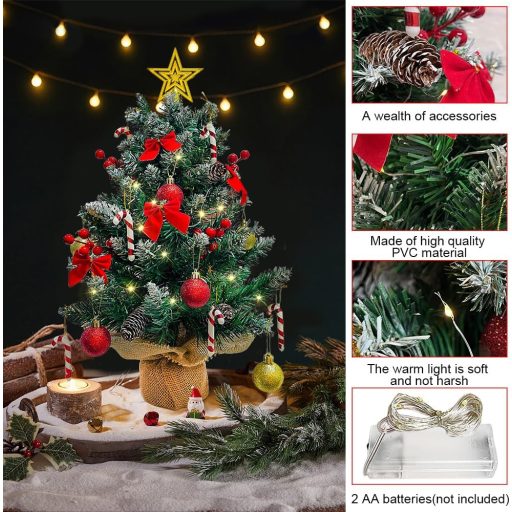 Brad de Crăciun de masă Bseical de 60 cm cu iluminare LED, decorațiuni și vârf de brad