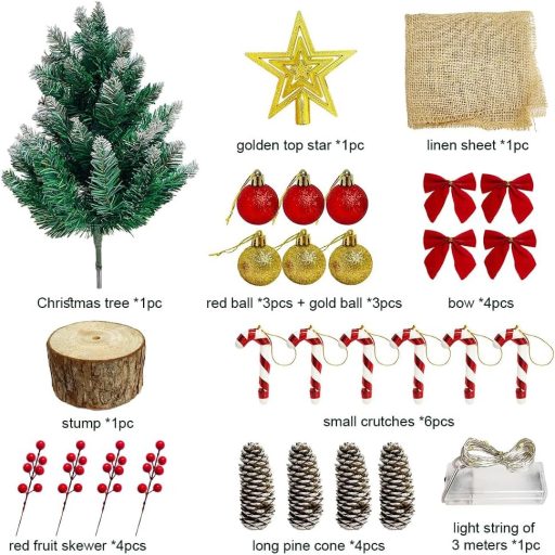 Brad de Crăciun de masă Bseical de 60 cm cu iluminare LED, decorațiuni și vârf de brad