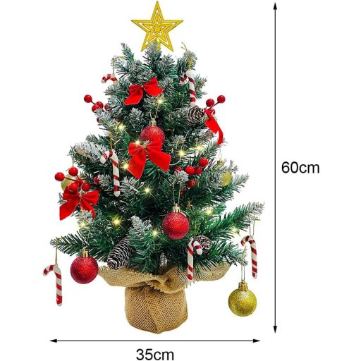 Brad de Crăciun de masă Bseical de 60 cm cu iluminare LED, decorațiuni și vârf de brad