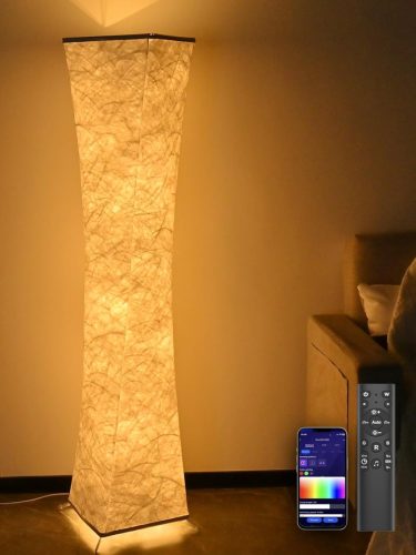 Lampă de podea RGB Amdelne - Lampă inteligentă din material Tyvek cu telecomandă și control prin aplicație, sincronizare cu muzica, cu schimbare de culoare, programabilă, 18W, 180