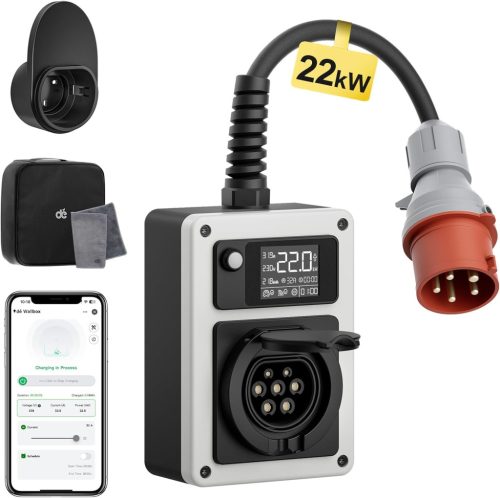Wallbox 22 kW 32 A Încărcător Auto Electric cu Conector CEE și Priza Type 2, Contor Electric și Card RFID, Compatibil ID.4, Model Y, e-tron