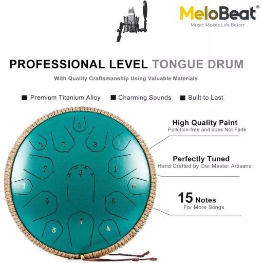 MeloBeat Acél Nyelvdob 14" - 15 Hangos Handpan Dob D-dúrban - Kottafüzettel, Ütőkkel és Hordtáskával - Sötétkék Steel Tongue Drum - 14 Zoll, darkblue