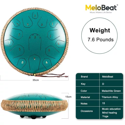 MeloBeat Acél Nyelvdob 14" - 15 Hangos Handpan Dob D-dúrban - Kottafüzettel, Ütőkkel és Hordtáskával - Sötétkék Steel Tongue Drum