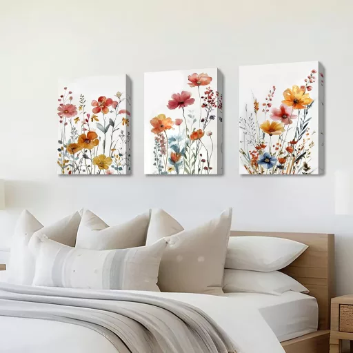 HALFLEMART Triptih Slika na platnu s divljim cvijećem - Rustikalna zidna slika s cvjetnim uzorkom i okvirom - Dekoracija za dnevni boravak i spavaću sobu - Zidna dekoracija 150 x 70 cm