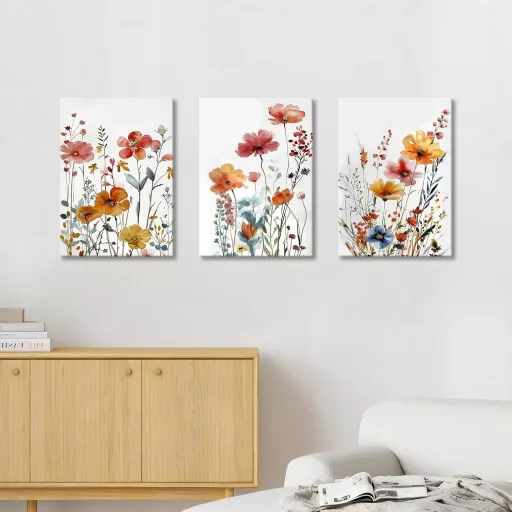 HALFLEMART Vadvirágos Vászonkép 3 Részes - Rusztikus Virágmintás Falikép Kerettel - Nappali Hálószoba Dekoráció - 150 x 70 cm Faldekoráció
