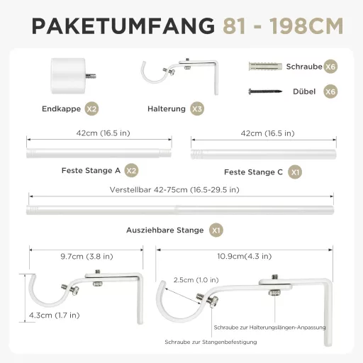 Joydeco DEY2A, galerie reglabilă albă pentru perdea, 81-198 cm, aluminiu, cu opritoare.