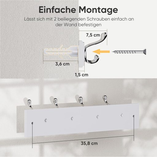 LaFleur moderna vješalica za odjeću od drva s 4 kukice, bijela, zidna, 40 cm