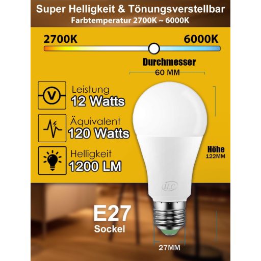 iLC LED Izzó E27 12W Alexa Kompatibilis Okos Világítás Meleg/Hideg Fehér 2700K-6000K Applikációs Vezérlés 4 Darabos Csomag