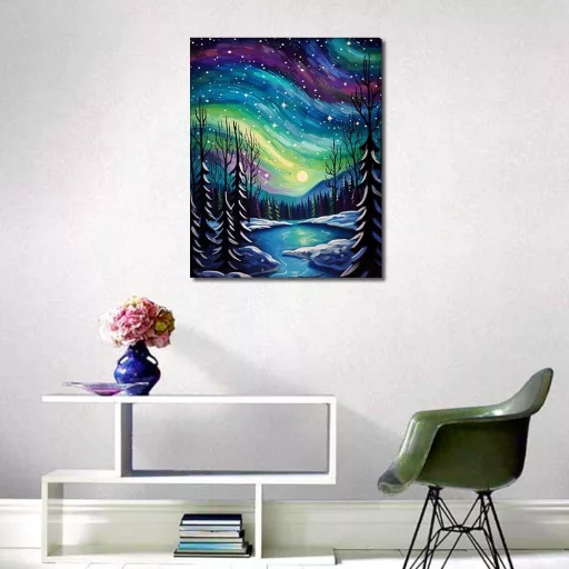 TISHIRON Sarki Fény Számfestő Készlet Felnőtteknek - 16 x 20 cm Akril Festés Vászonra, Erdei Absztrakt Mintával, 3 Ecsettel és Festékkészlet