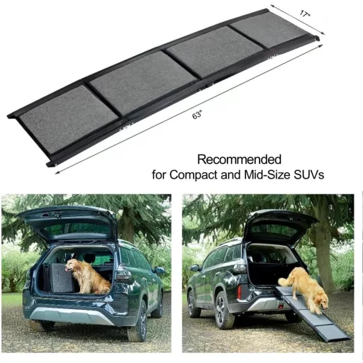 BestVida Összecsukható Kutya Rámpa (160x44cm) - Autóba, SUV-ba, Terepjáróba - Csúszásgátló Szőnyegfelülettel, Könnyű Alumínium Szerkezet, Ex