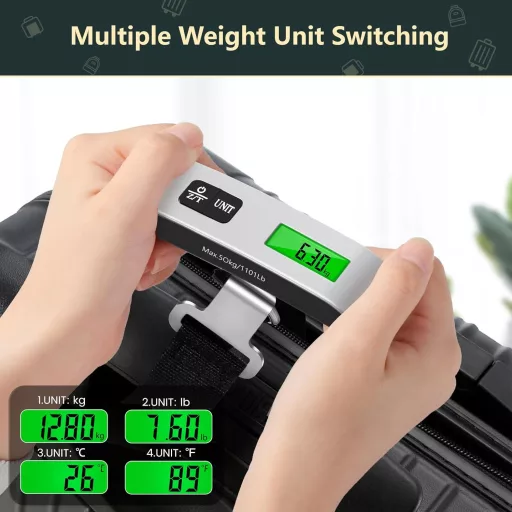 Brencco Digitális Bőröndmérleg 50kg, Háttérvilágított LCD Kijelzővel és Tara Funkcióval