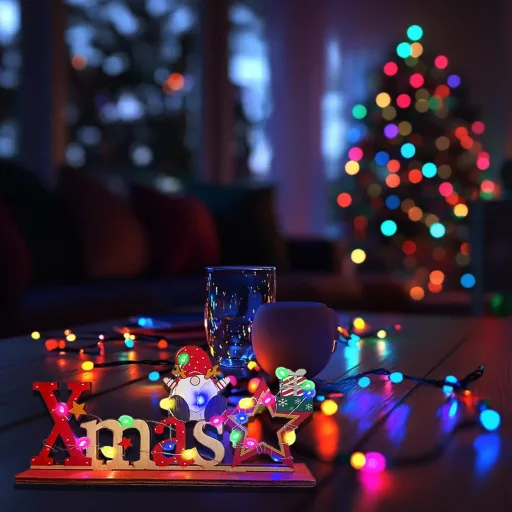 Drevená vianočná dekorácia s nápisom a LED svetielkami KEELYY