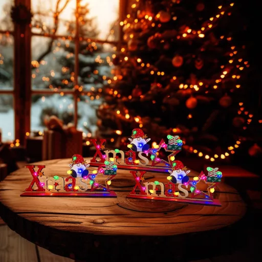 Drevená vianočná dekorácia s nápisom a LED svetielkami KEELYY