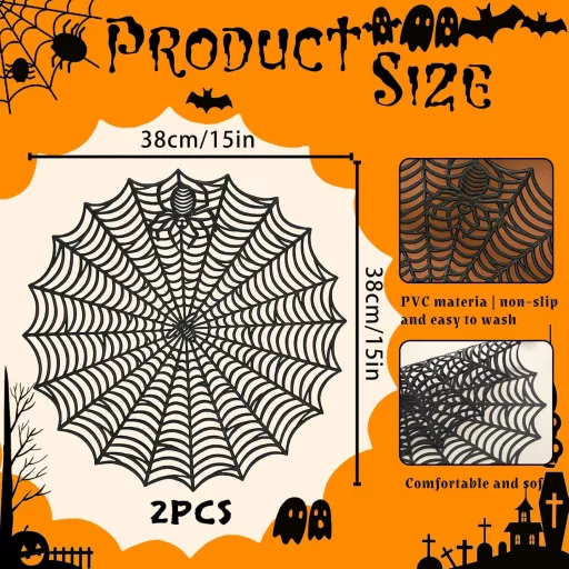 Set 2 suporturi de farfurie MORAINJAY cu model Păianjen - Alunețe PVC pentru decor de Halloween, lavabile, rezistente la căldură, 38 cm, antiderapante, față de masă rotundă