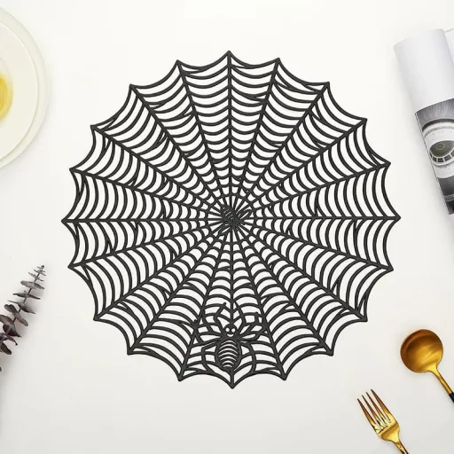 MORAINJAY Pók Mintás Tányéralátét Szett - 2 db PVC Alátét Halloween Dekorációhoz, Mosható, Hőálló, 38 cm, Csúszásgátló, Kerek Asztalterítő