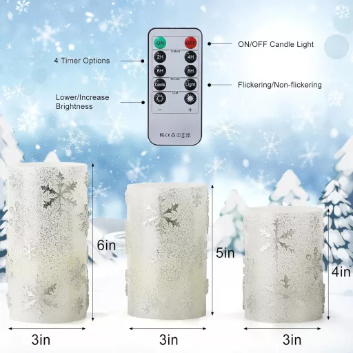 EXTSUD 3 darabos adventi dekoráció LED gyertyákkal, időzítővel, hópehelyes design