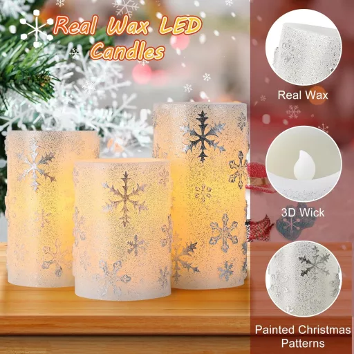 EXTSUD 3 darabos adventi dekoráció LED gyertyákkal, időzítővel, hópehelyes design