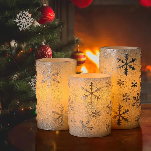 EXTSUD 3 darabos adventi dekoráció LED gyertyákkal, időzítővel, hópehelyes design