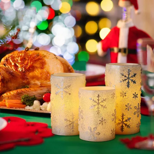 EXTSUD 3 darabos adventi dekoráció LED gyertyákkal, időzítővel, hópehelyes design