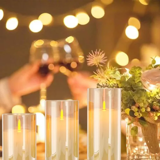 LED sviečky EXTSUD s diaľkovým ovládaním, 3 sklenené sviečky s nabíjacou stanicou a funkciou časovača