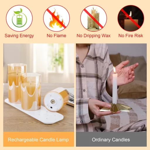 LED sviečky EXTSUD s diaľkovým ovládaním, 3 sklenené sviečky s nabíjacou stanicou a funkciou časovača