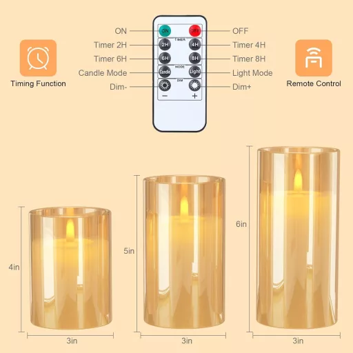 LED sviečky EXTSUD s diaľkovým ovládaním, 3 sklenené sviečky s nabíjacou stanicou a funkciou časovača