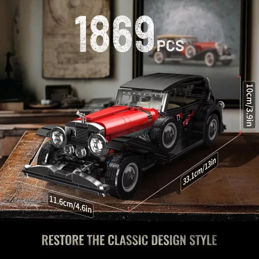 Stavebnica klasického športového auta Mould King 10114 - 1308 dielikov, kreatívny model pre zberateľov, červené vintage auto, pre deti a dospelých od 14 rokov