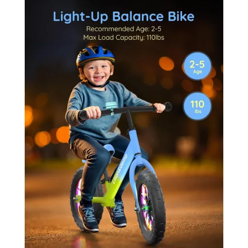 Bicicletă fără pedale Lilian&Gema pentru copii de 2-5 ani, cu roți luminoase, ghidon și înălțime șa reglabile, roți EVA de 12 inch, pentru dezvoltarea echilibrului.
