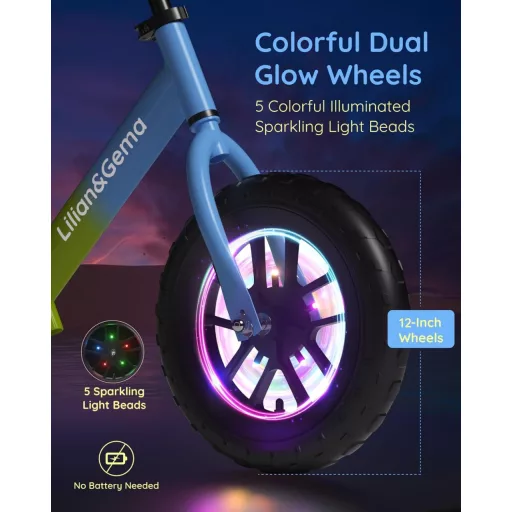 Bicicletă fără pedale Lilian&Gema pentru copii de 2-5 ani, cu roți luminoase, ghidon și înălțime șa reglabile, roți EVA de 12 inch, pentru dezvoltarea echilibrului.